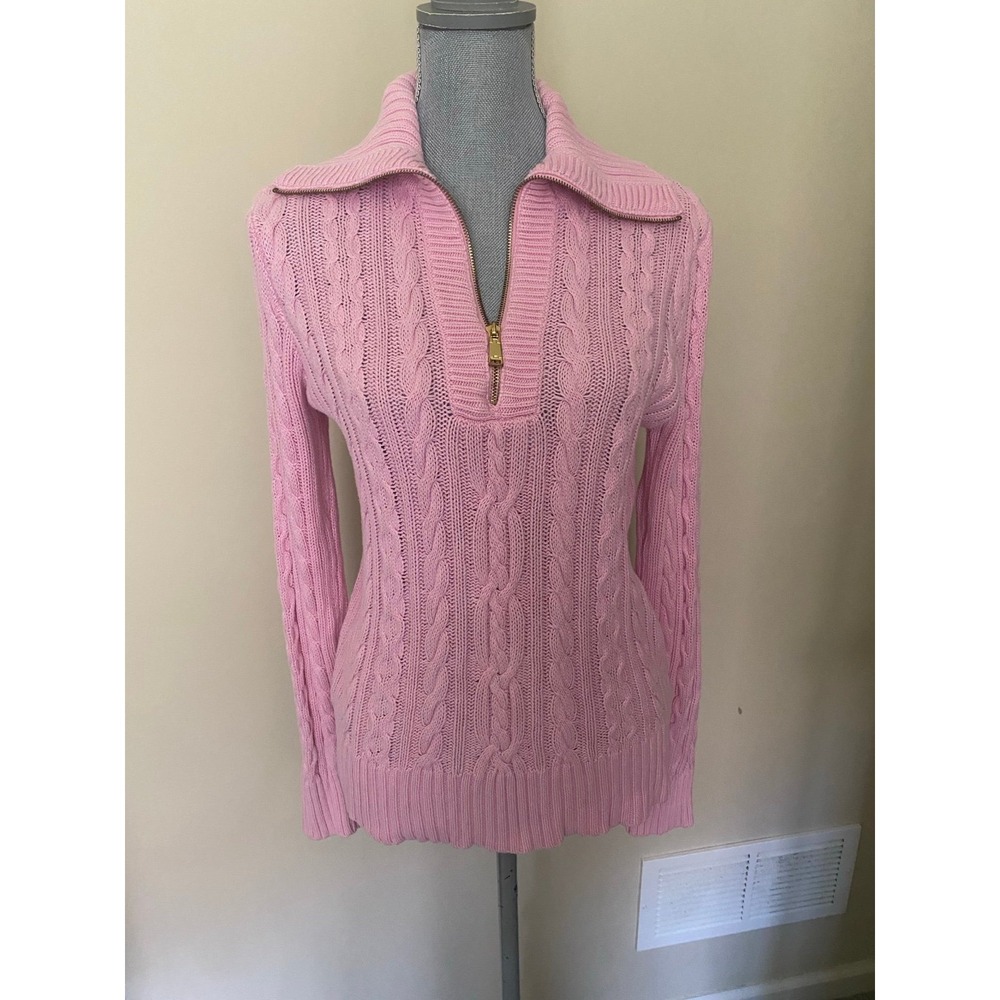Ralph Lauren Pink Cable Knit Quarter Zip Sweater M Black Label s54